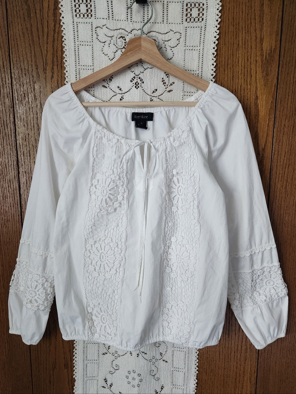 Karen Kane White Crochet Tie-Front Peasant Blouse